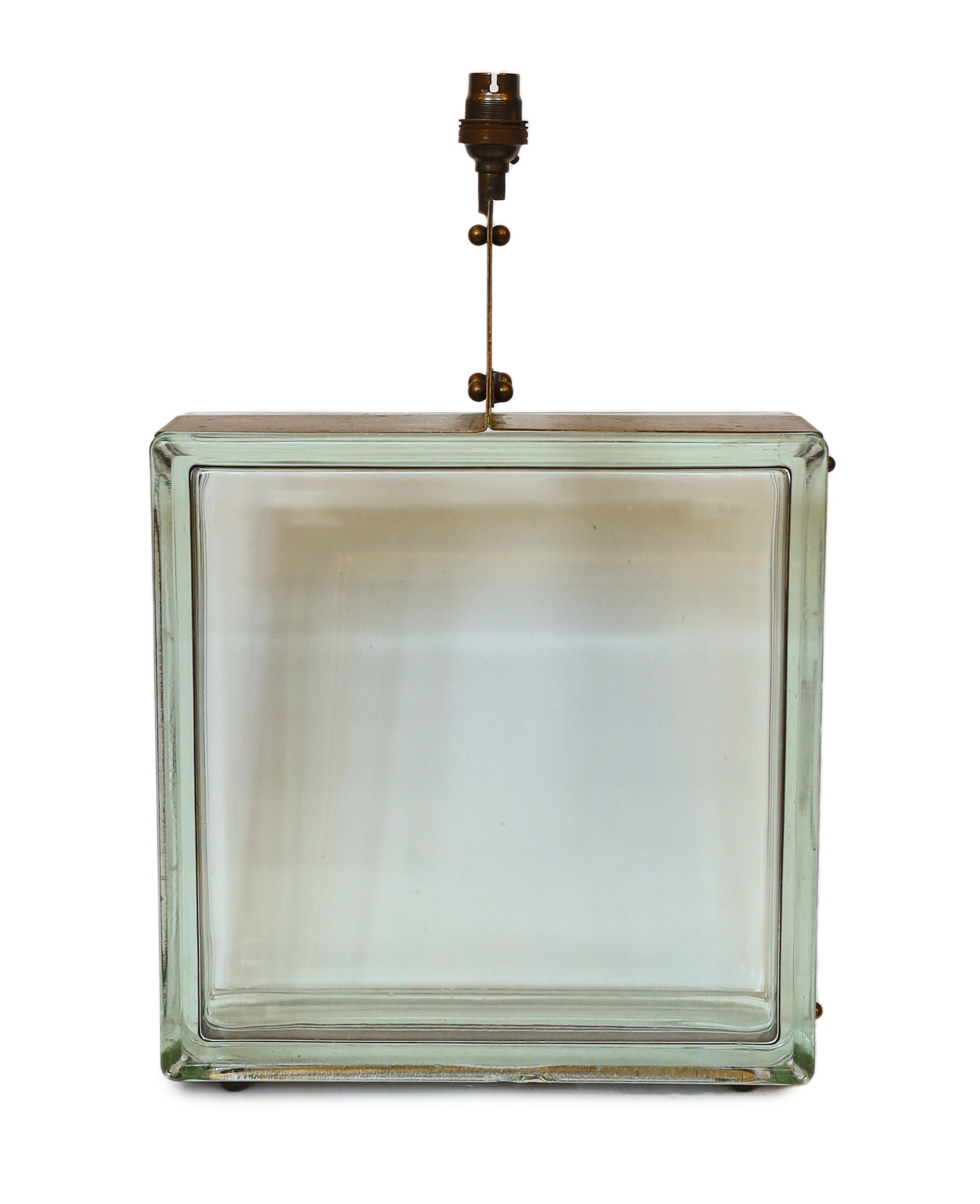 A German bronze mounted square glass ice block table lamp, height 45cm. width 30cm